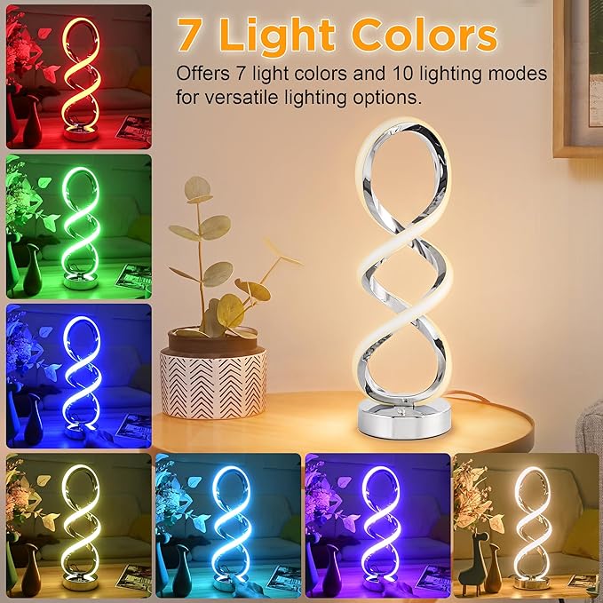 Modern Spiral RGB Table Lamp, Touch Dimmable Bedside Lamp, 7 Colors 10 Light - Image 2