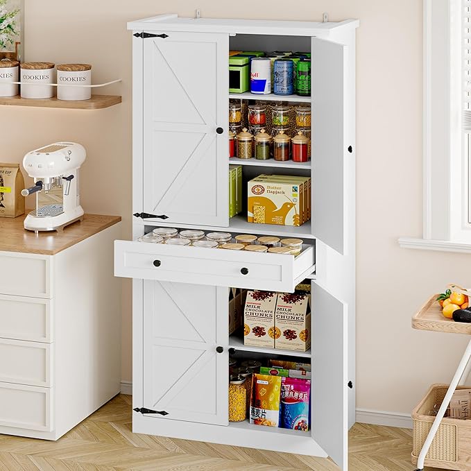 Pantry Organizers and Storage Cabinet, 70” Barn Door White Kitchen Cabinet - Image 8