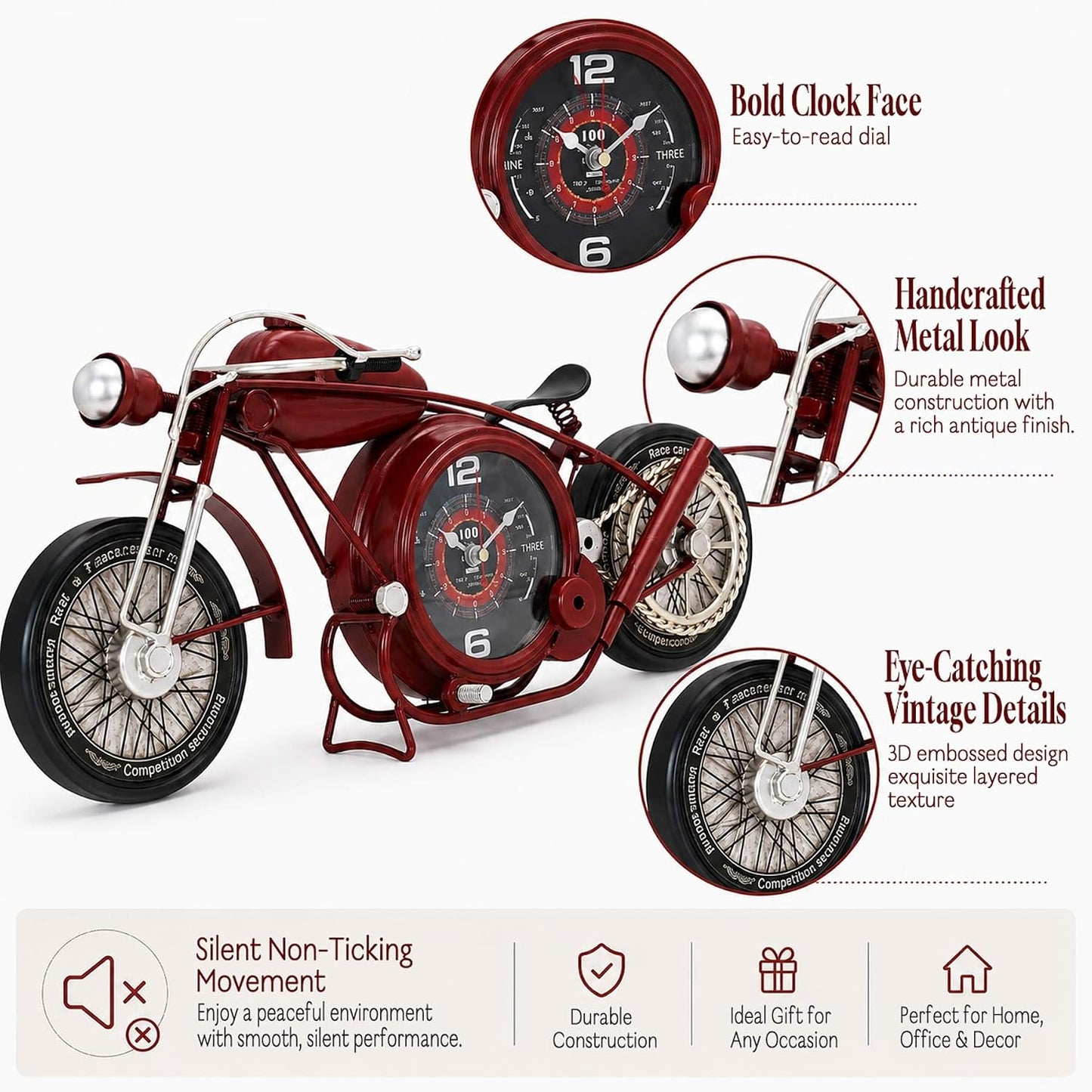 YOUKI Metal Motorcycle Wall Clock,Desk Shelf Clocks Digital Clock for Bedroom,Retro Vintage Non-Ticking Table Clock Battery Operated Silent,Easy to Read,Wall Art16.9 * 1.5 * 7.5 Inches,Red