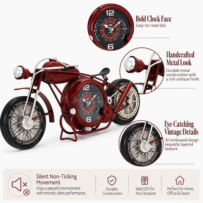 YOUKI Metal Motorcycle Wall Clock,Desk Shelf Clocks Digital Clock for Bedroom,Retro Vintage Non-Ticking Table Clock Battery Operated Silent,Easy to Read,Wall Art16.9 * 1.5 * 7.5 Inches,Red
