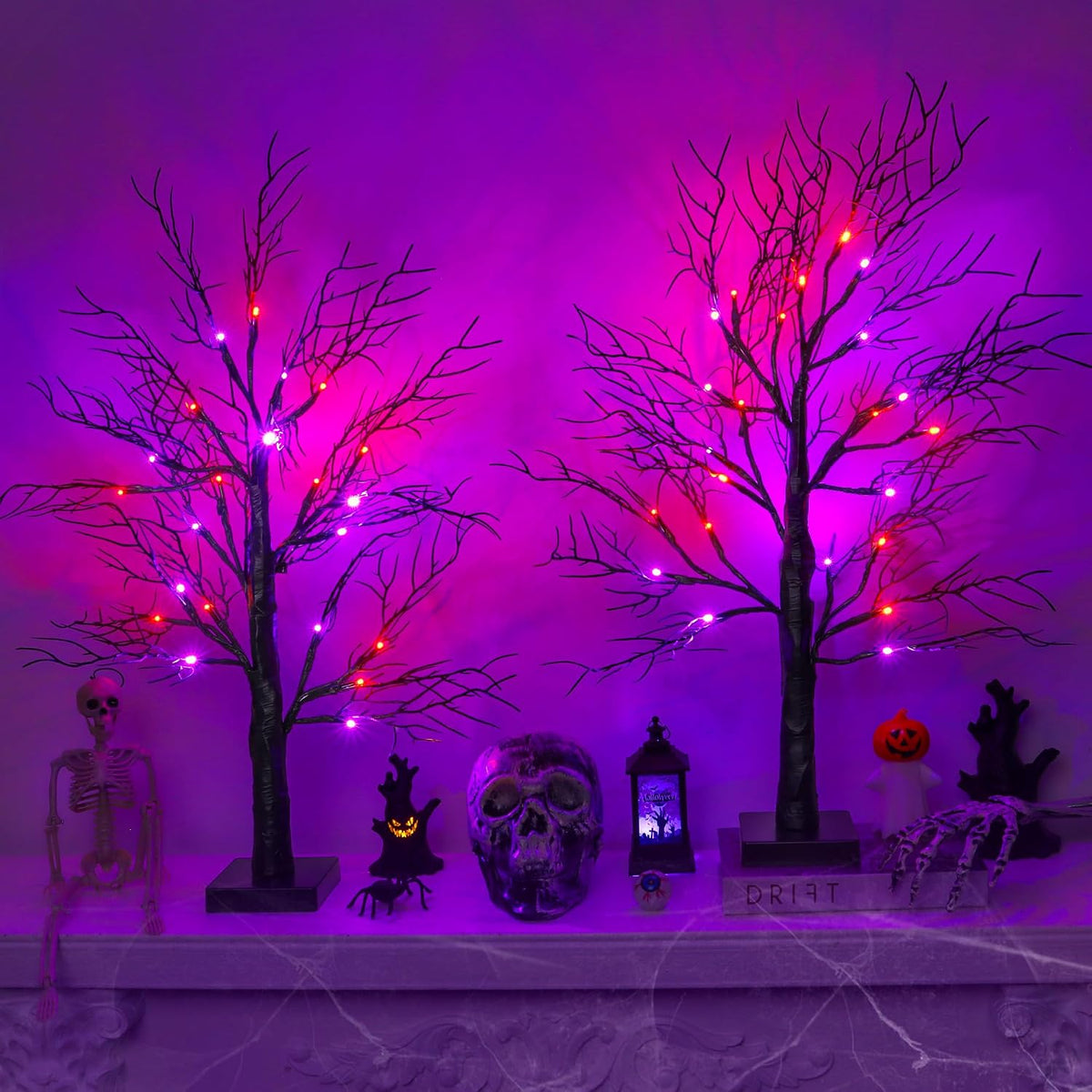 Halloween Decorations Indoor 2 Pack 24 Inch Black Halloween Tree with 48 Oran...