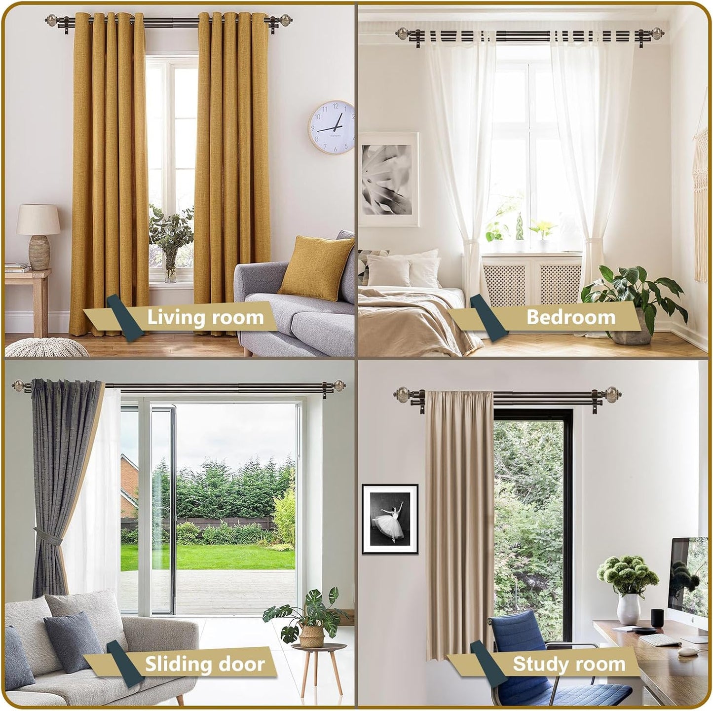 KAMANINA Double Curtain Rods for Windows 72 to 144 Inch, Adjustable, Bronze | Heavy Duty 1 Inch, Adjustable, Long Dual Drapery Rod for Living Room, Bedroom, Easy Install, Decorative Marbled Finials
