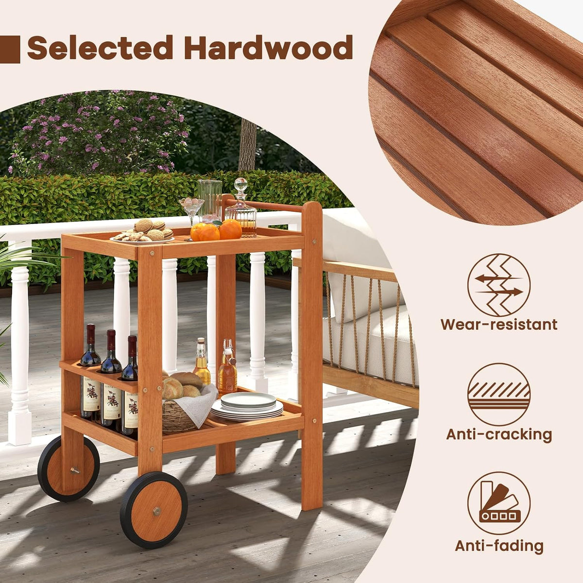 Tangkula 2-Tier Rolling Bar Cart with Rubber Wheels, Natural