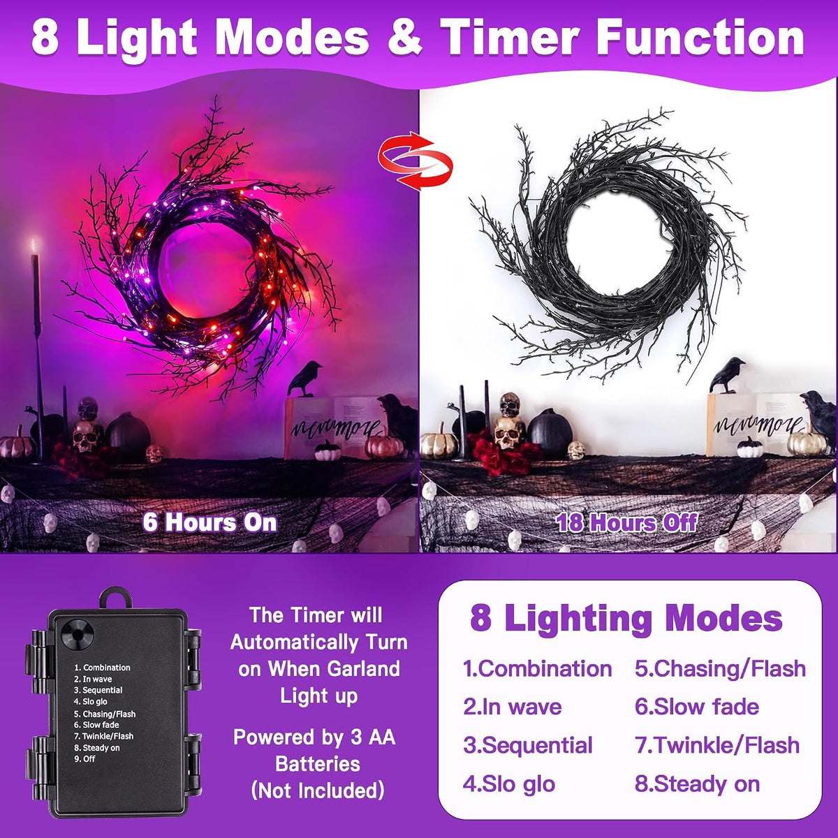 9FT 72 LED Willow Vine Twig Decorations Black Halloween Garland with Orange &...