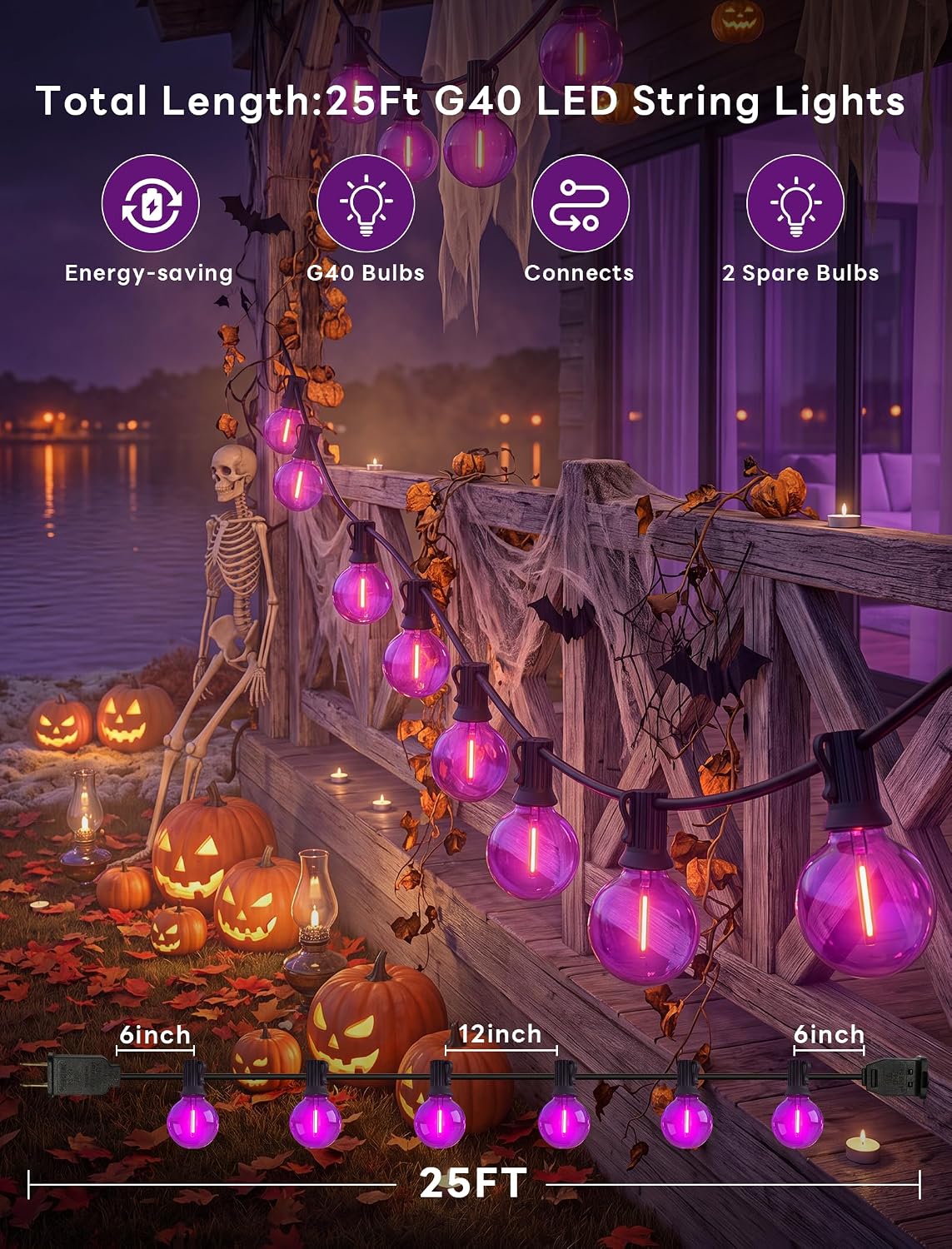 Abeja 50FT G40 Purple Halloween String Lights, Halloween Lights Outdoor with ...