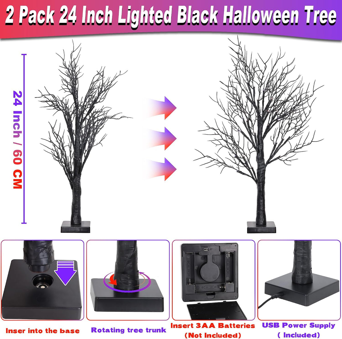 [Timer] 2 Pack Halloween Decorations Indoor, 24 Inch Lighted Black Halloween ...
