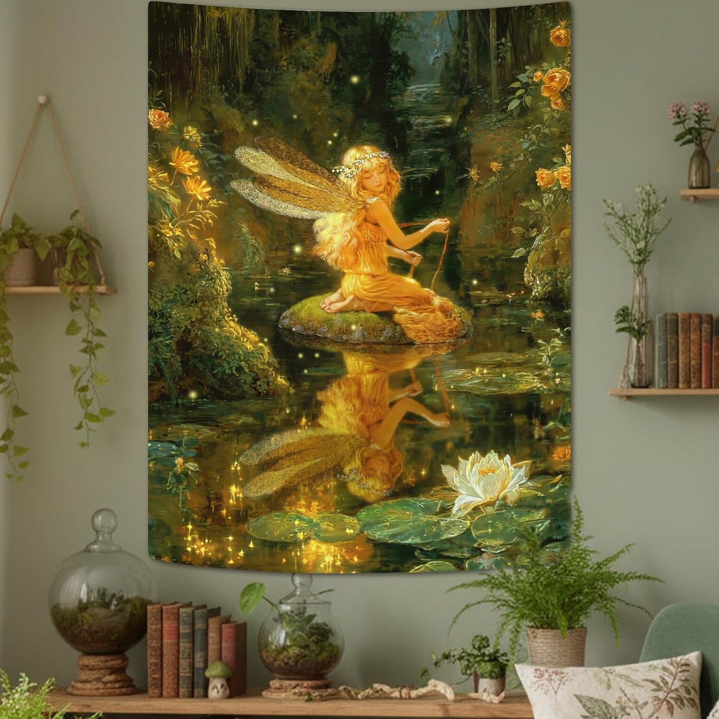Lifeel Fairy Tale Tapestry, Dreamy Magic Forest Fantasy Water Lily Pond Tapestries Wall Hanging for Girls Bedroom Home Decor, Green 36x48 inches