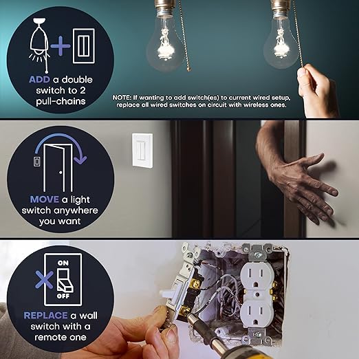 RunLessWire 3-Way Fan & Light Battery-Free DIY Kinetic Wireless Light Switch Kit - Image 2