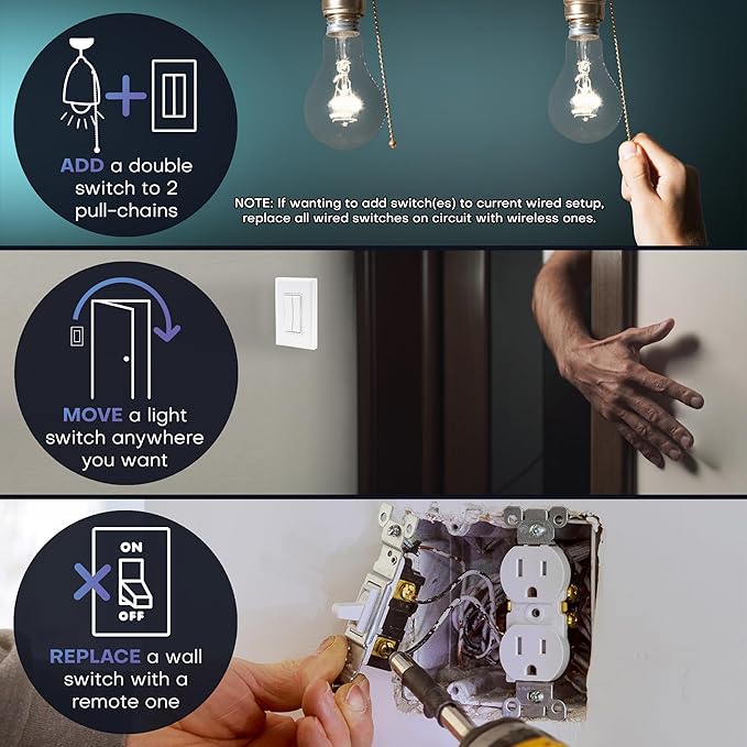 RunLessWire 3-Way Fan & Light Battery-Free DIY Kinetic Wireless Light Switch Kit - Image 2