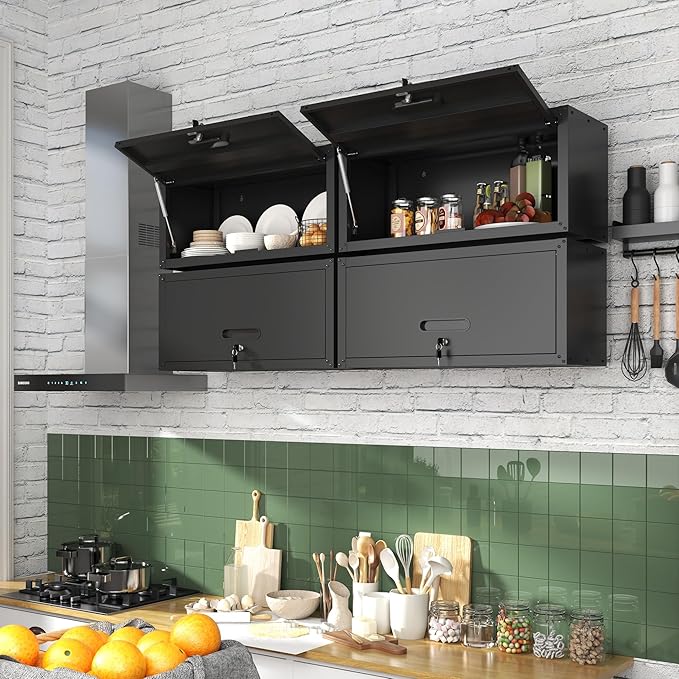 Garage Wall Cabinet with Flip-Up Door, Lockable Metal Storage Cabinet Wall - Image 6