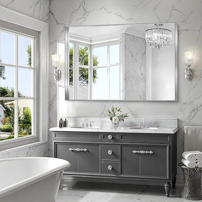 CIRCUMI Silver Bathroom Mirror, Brushed Finish, Tempered Glass, Large Mirror - Image 5