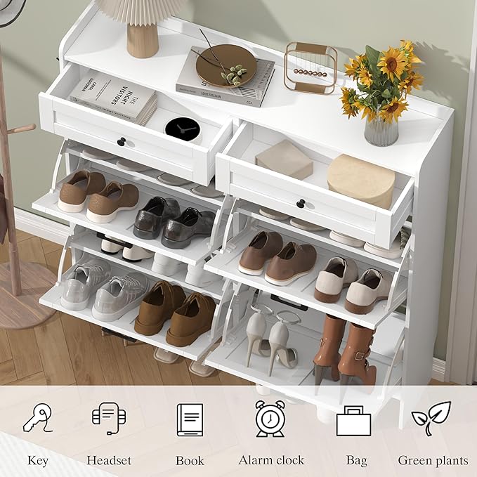 Shoe Cabinet with 4 Flip Drawers & 2 Storage Drawers, Rustic Farmhouse Narrow - Image 5