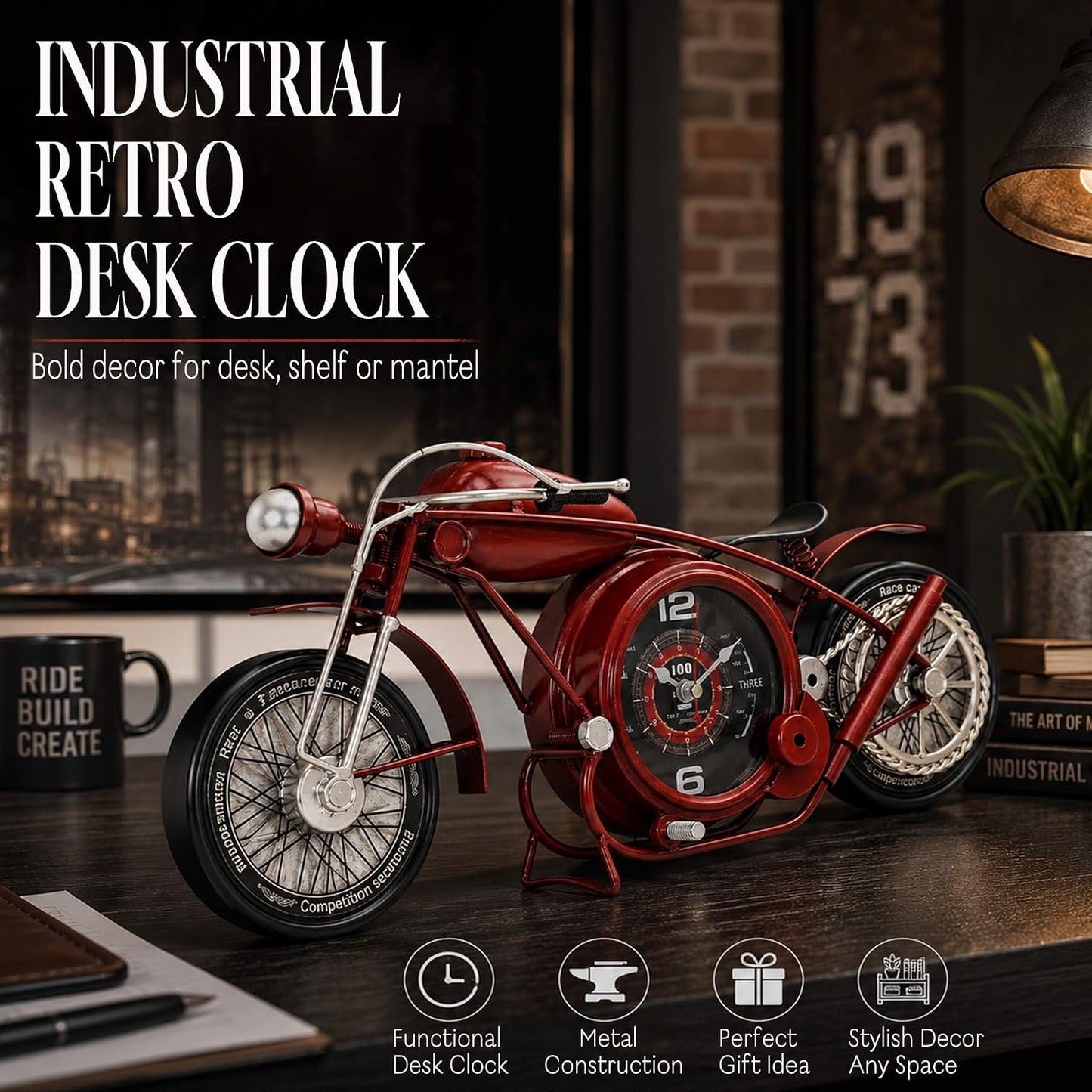 YOUKI Metal Motorcycle Wall Clock,Desk Shelf Clocks Digital Clock for Bedroom,Retro Vintage Non-Ticking Table Clock Battery Operated Silent,Easy to Read,Wall Art16.9 * 1.5 * 7.5 Inches,Red