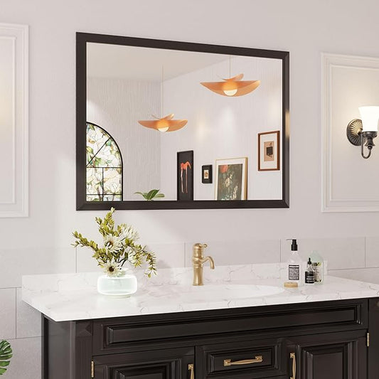 Amorho Bathroom Mirror Black, 50x36 Inch Thick Metal Framed Wall Mirrors by Amorho