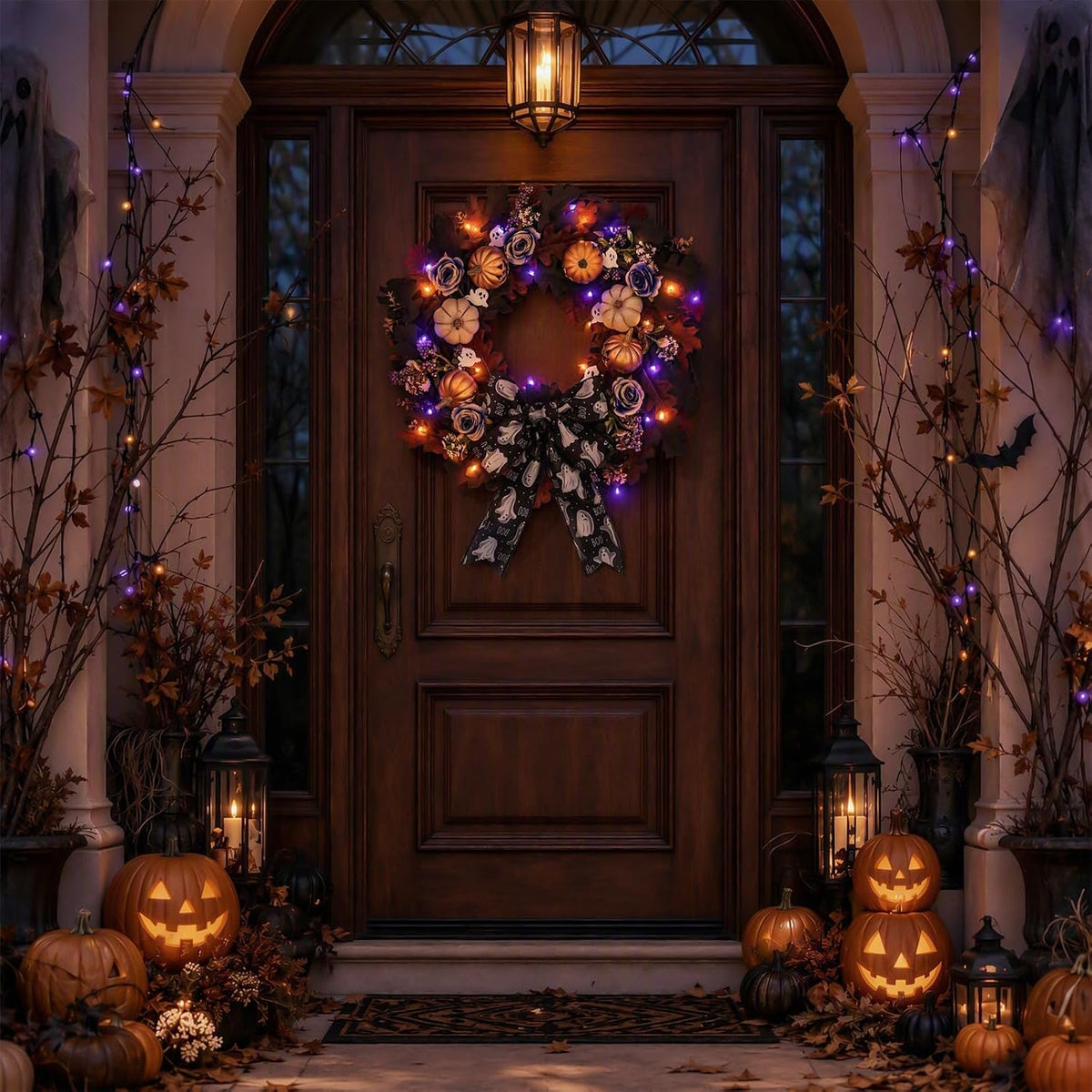 22'' Halloween Wreath for Front Door with Orange, Purple Light