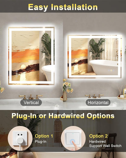 24x32 LED Bathroom Mirror, 6000LM, Separate Front and Back Lights | UL Certified,Shatter-Resistant Tempered Glass,Auto-Off Defogger,3 Color Modes,Smooth Dimming,Smart Memory Setting