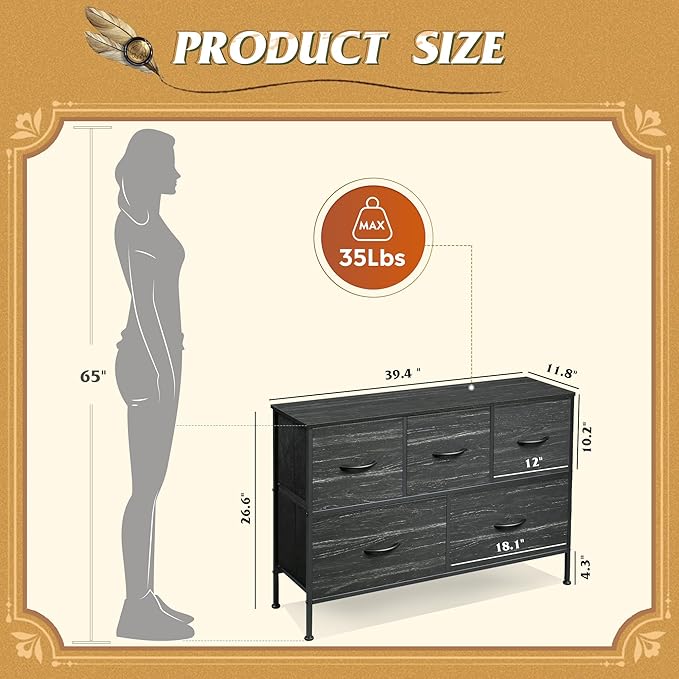 WLIVE Dresser for Bedroom with 5 Drawers, Long Storage Dresser, Fabric Dressers - Image 3