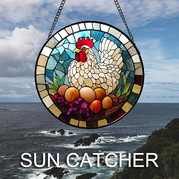 DASTOLL Stained Glass Window Hanging White Chicken Hatching Eggs 9.8" - Image 3