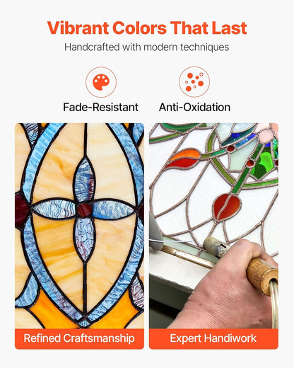 VEVOR Stained Glass Window Panel, 32 x 10 in, Tiffany Style Hanging Transom Window Panel with Chain, Large Horizontal Rectangle Stain Glass, Vintage Traditional Art Handcrafts for Kitchen Home Decor
