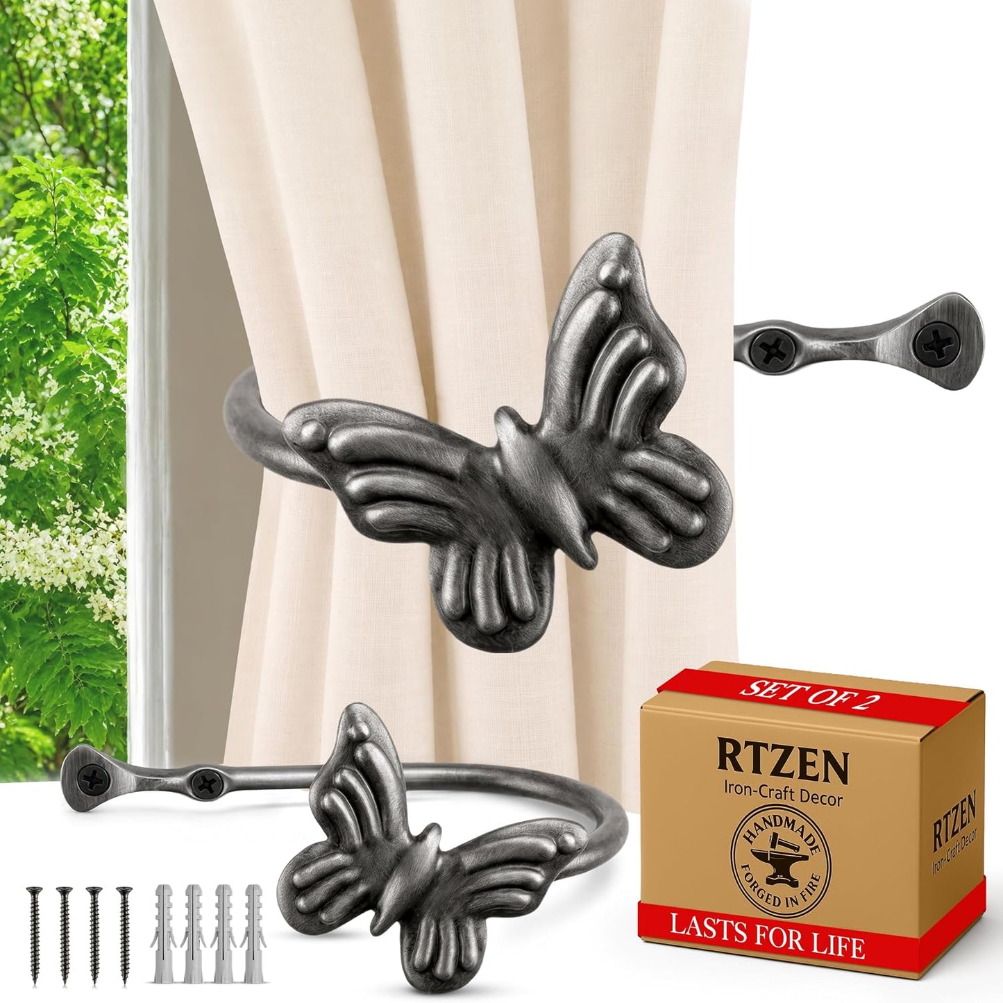 Metal Curtain Tiebacks, Drapery Holders for Wall, 2 Pcs | Farmhouse Wrought Iron Curtain Holdbacks, Ornamental Window Decor Hooks, Unique Metal Tie Backs for Curtain (Black-Zinc)