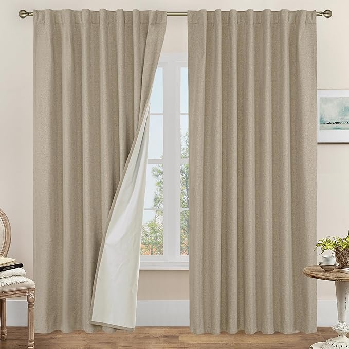 LAMIT Taupe 100% Blackout Linen Curtains, 84 Inch Linen Textured Living Room by LAMIT