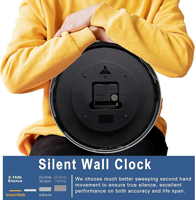HITO 10 Inch Silent Wall Clock Battery Operated Non Ticking Glass Cover Silver - Image 4