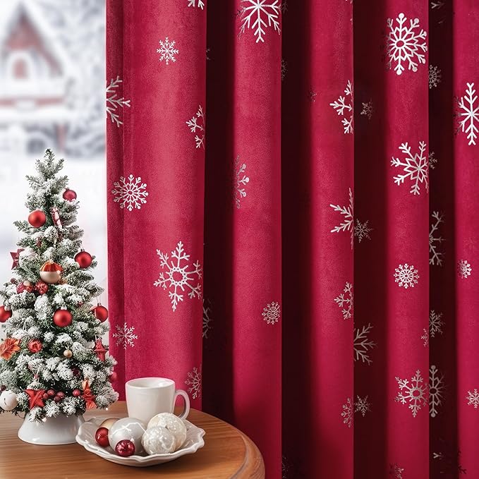 FMFUNCTEX Snowflake Red Christmas Velvet Blackout Curtains - Image 7