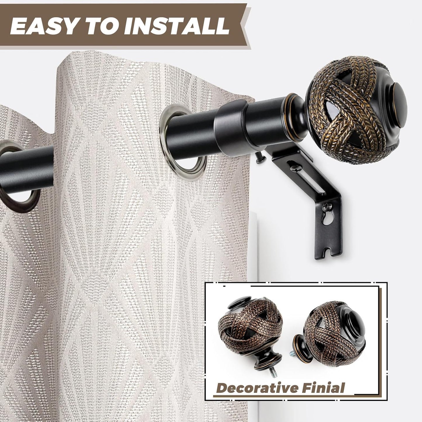 Window Treatment Finials for 1 or 7/8 Inch Curtain Rods, Black Drapery Rods Replacement Finials with M6 Screws, Woven Leaf Pattern, 2 Pack