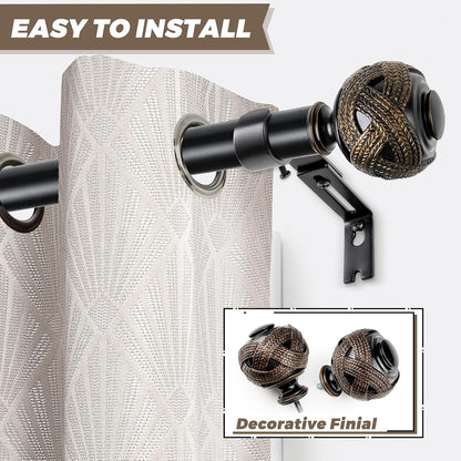 Window Treatment Finials for 1 or 7/8 Inch Curtain Rods, Black Drapery Rods Replacement Finials with M6 Screws, Woven Leaf Pattern, 2 Pack