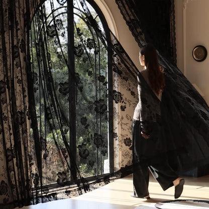 Black Lace Curtains 84 Inch Long Vintage Floral Sheer Drapes | for Living Room & Bedroom - Gothic Style Decor Light Filtering Scalloped Edges Curtains with Rod Pocket - 2 Panels, 55 x 84