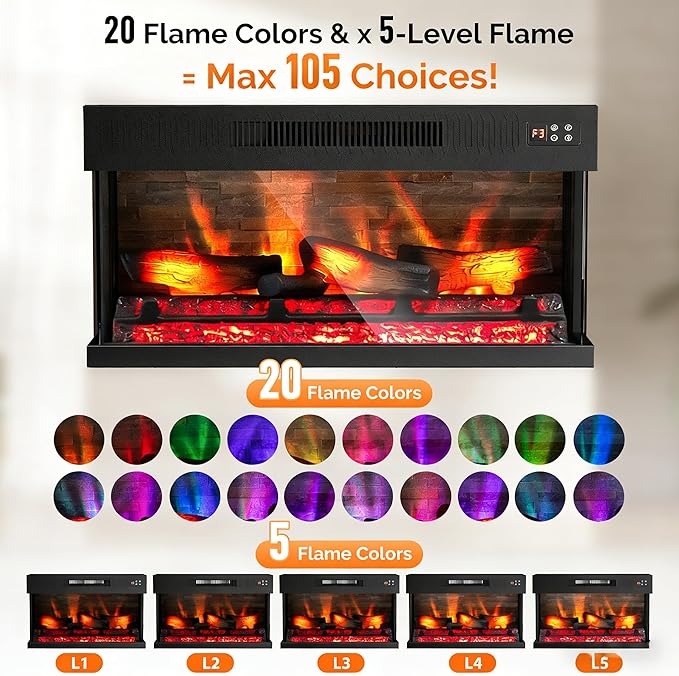 ROVSUN 1400W 3-Sided Glass Electric Fireplace Insert w/Remote Control, CSA - Image 3