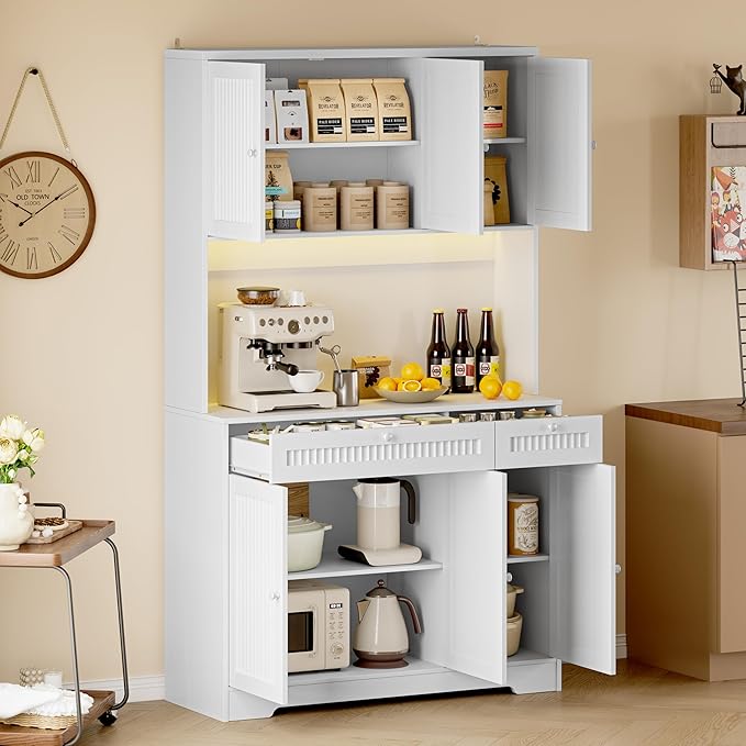 Pantry Cabinet with Charging Station and Light, Tall Kitchen Pantry Storage - Image 3
