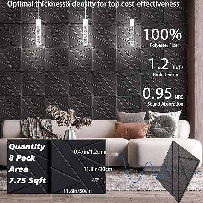 8 Pack Self-Adhesive Soundproof Wall Panels, 1.2lb/ft³ High Density, Thicker - Image 6