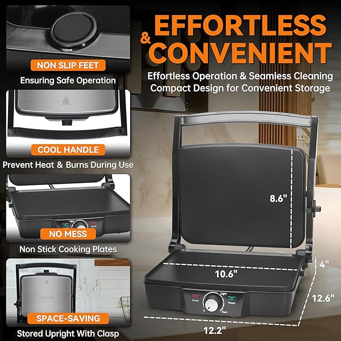 Baker's Friend Panini Press Electric Griddle, Panini Grill Press Sandwich Maker - Image 4