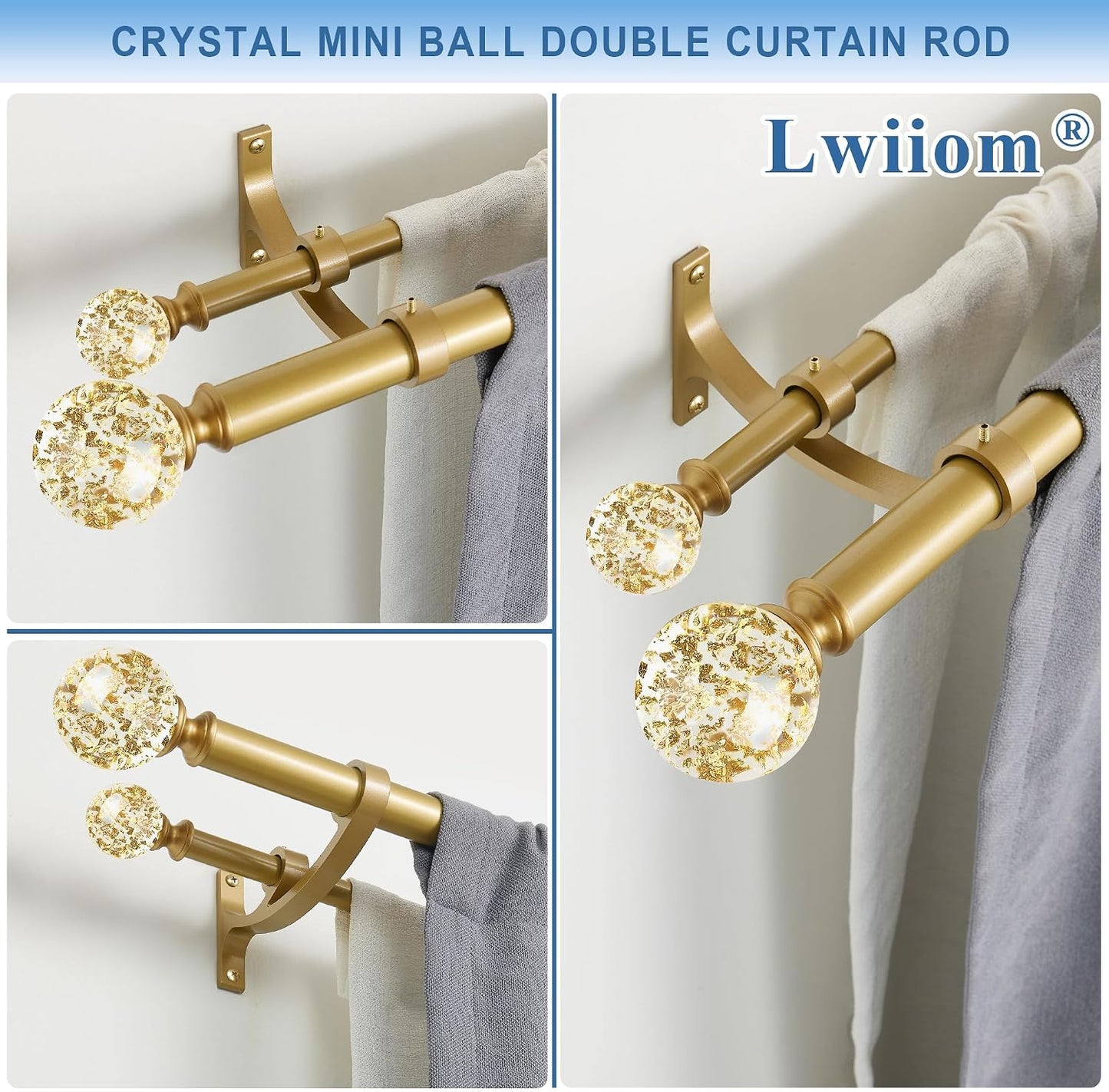 Gold Double Curtain Rod 72 to 144 Inch,Double Decorative Crystal Drapery Rods with Solid Aluminum Bracket Acrylic Sheer Bling Foil Finials,1" Front and 5/8" Back Heavy Duty Curtain Rods for Windows