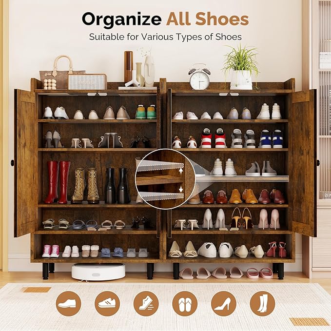 Farmhouse Shoe Cabinet with Doors, 6-Tier Wooden Shoe Organizer with Adjustable - Image 4