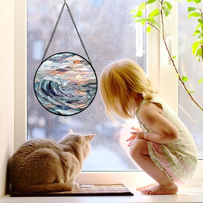 DASTOLL Stained Glass Window Hanging, Sunrise Waves Sun Catchers Diamond Glass - Image 2