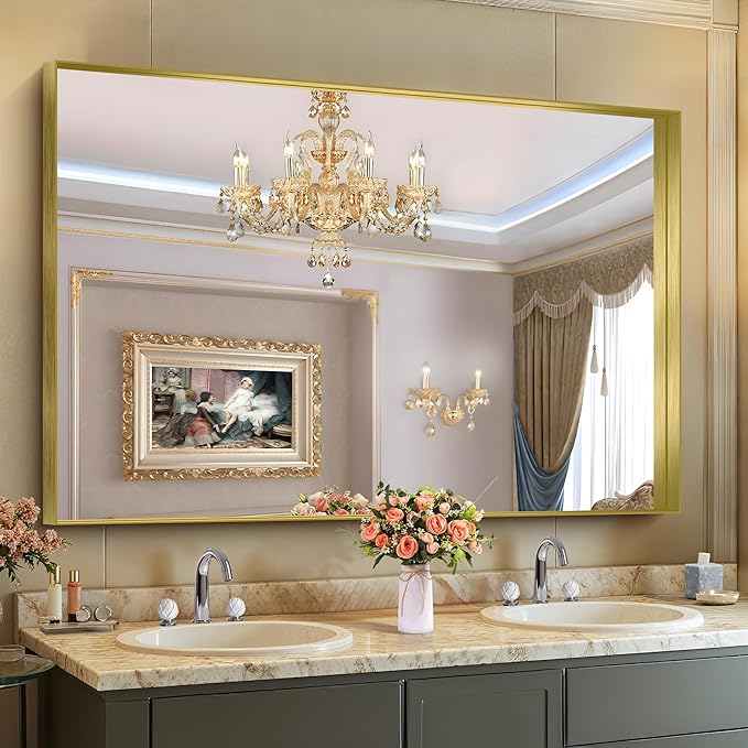 CIRCUMI Gold Bathroom Mirror, Brushed Finish, Tempered Glass, Large Mirror - Image 5