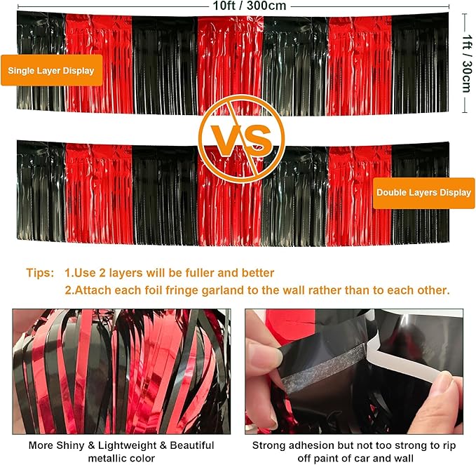 4 Pack 10 Feet Black Red Parade Floats Foil Fringe Garland Metallic Tinsel St...