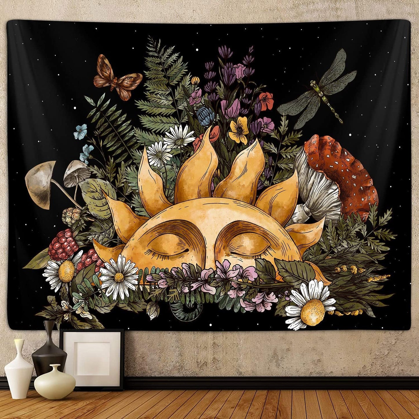 Boho Sun Extra Large Tapestry for Bedroom Aesthetic, Vintage Mushroom Botanical Plant Art Tapestries Wall Hanging for College Dorm Living Room Decor 90X70, Fairy Galaxy Poster Blanket