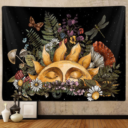 Boho Sun Extra Large Tapestry for Bedroom Aesthetic, Vintage Mushroom Botanical Plant Art Tapestries Wall Hanging for College Dorm Living Room Decor 90X70, Fairy Galaxy Poster Blanket
