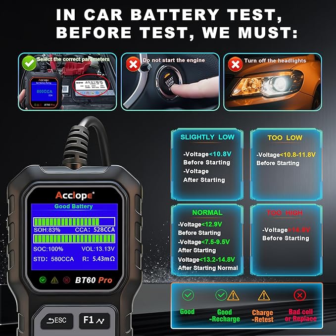 Acclope BT60 Pro Car Battery Tester, Digital Analyzer - Image 10