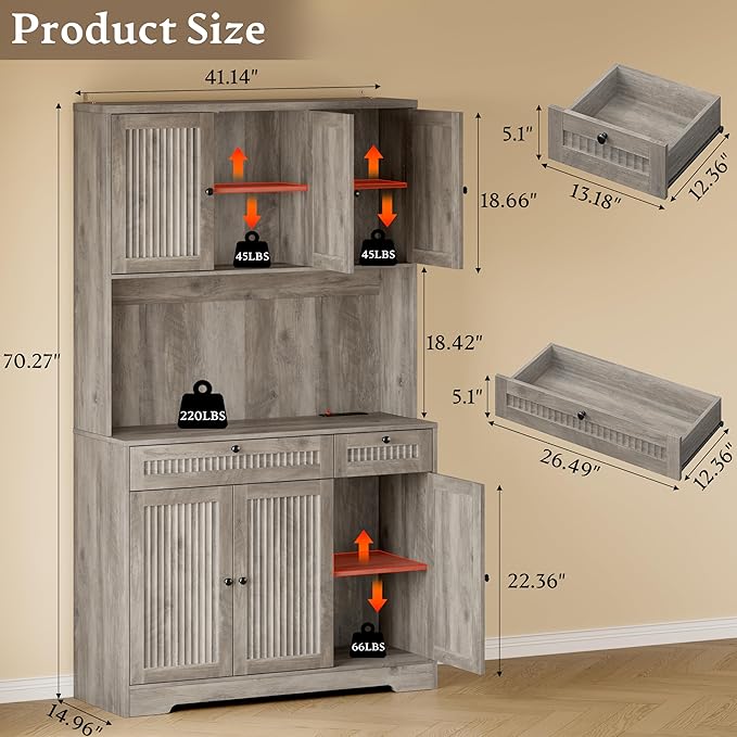 Pantry Cabinet with Charging Station and Light, Tall Kitchen Pantry Storage - Image 2