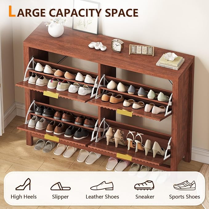 Shoe Cabinet Storage for Entryway, Fluted Walnut Shoe Cabinet - Image 4