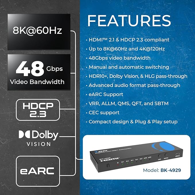 OREI 4-Port eARC 8K Audio Extractor 4x1 Switch - Image 8