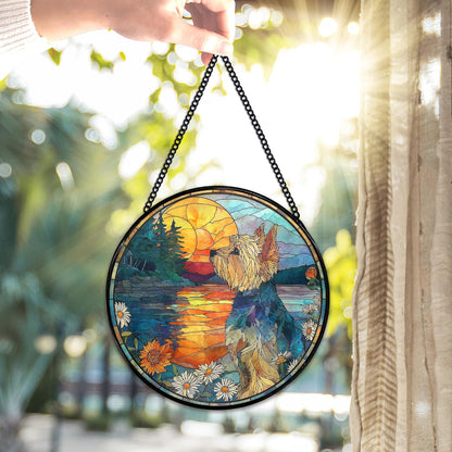 Yorkshire Flower Suncatcher Stained Glass Window Hanging, Yorkshire Gifts Sun Catchers Indoor Window Glass Wall Art Decor, Dog Round Wall Hanging Decorations, 7.9x7.9 inch