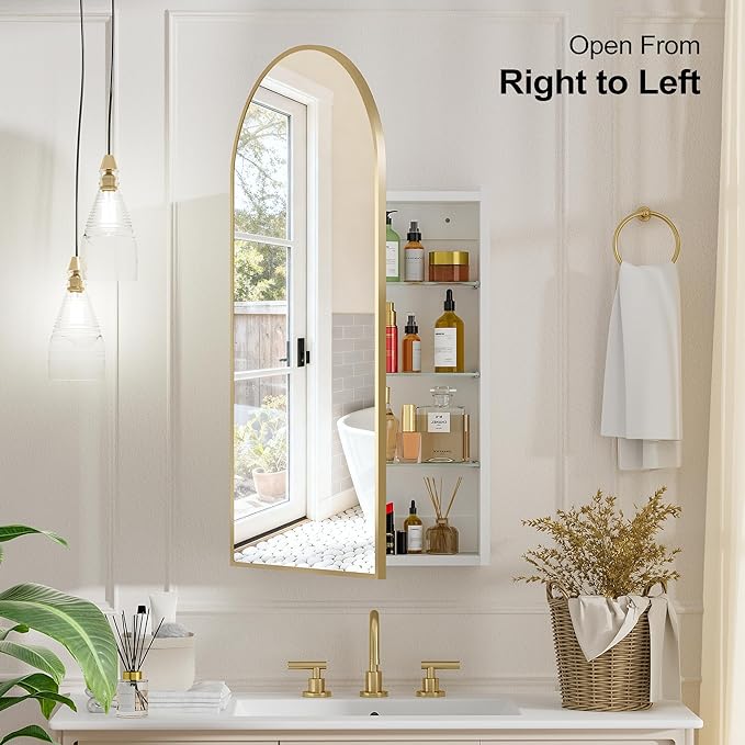 Arched Medicine Cabinet with Mirror, Brushed Gold Medicine Cabinet with Storage - Image 7