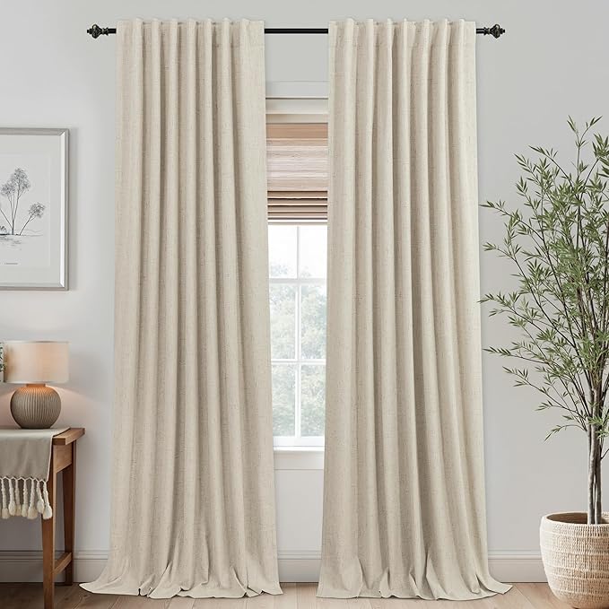 KOUFALL 102 Inches Long Curtains, Linen Blackout Light Beige Boho Back Tab by KOUFALL
