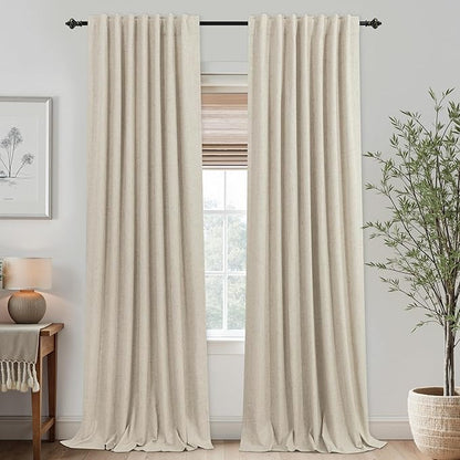 KOUFALL 102 Inches Long Curtains, Linen Blackout Light Beige Boho Back Tab by KOUFALL