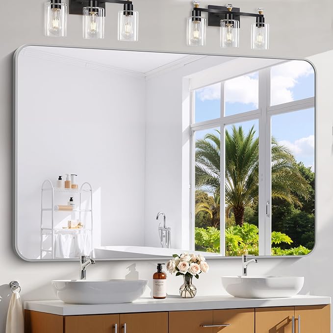 60x40 Inch Silver Bathroom Mirror, Large Rectangle Mirror, Metal Framed by WelcometoCIVENO